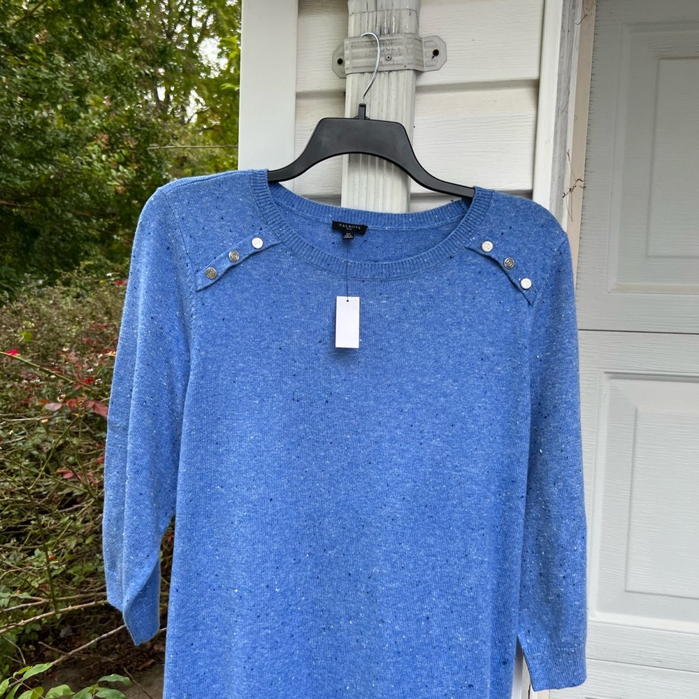 NWT Talbots Cozy Blue White Blue Flecks Shoulder Buttons Sweater Dress - Picture 2 of 8